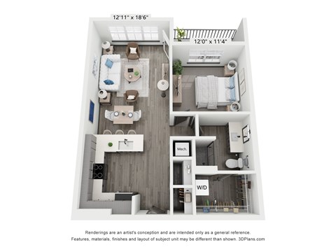 Floor plan for 1 bed, 1 bath, 766 sqft